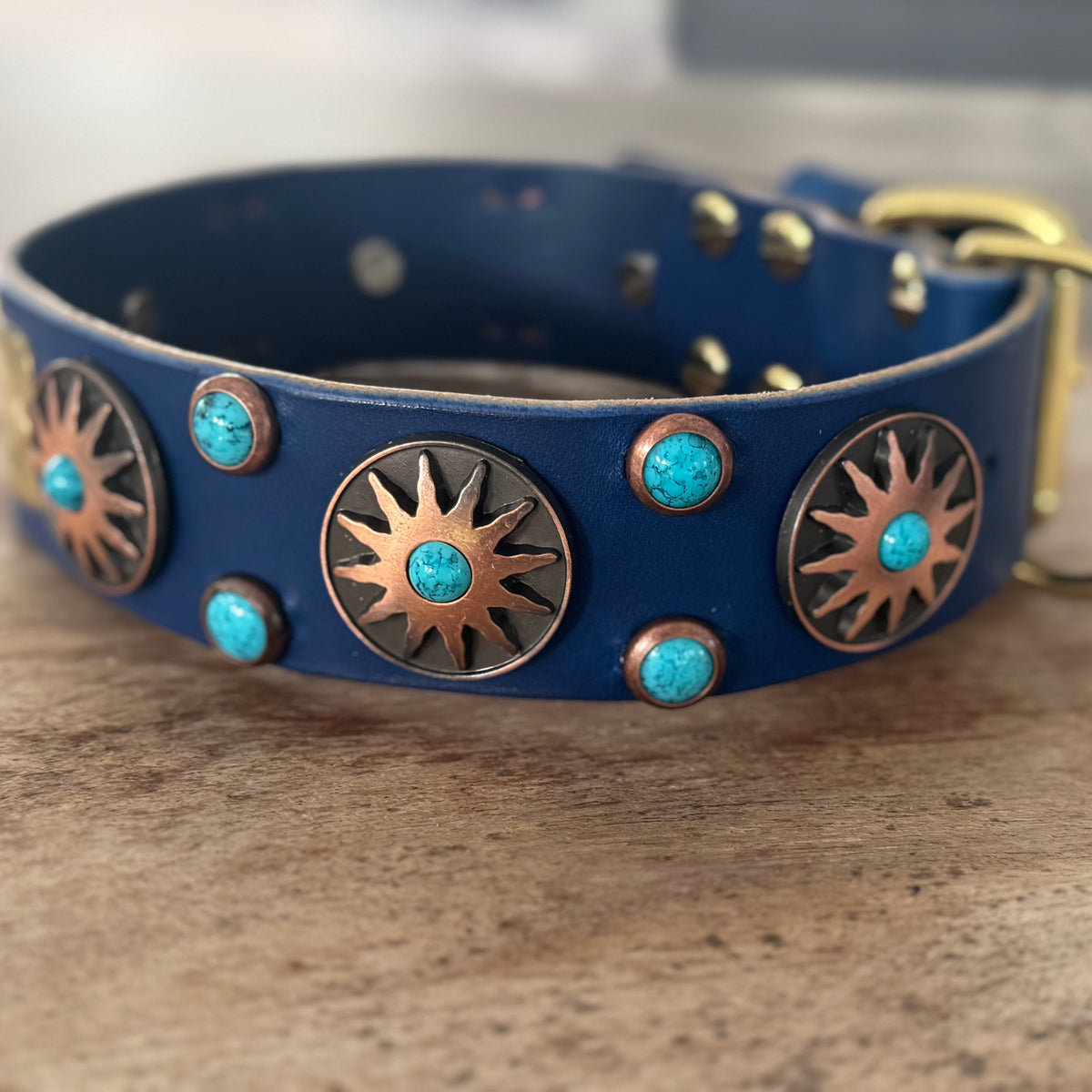Western Native Sun turquoise concho dog collar detail – 1.5 inch full-grain leather