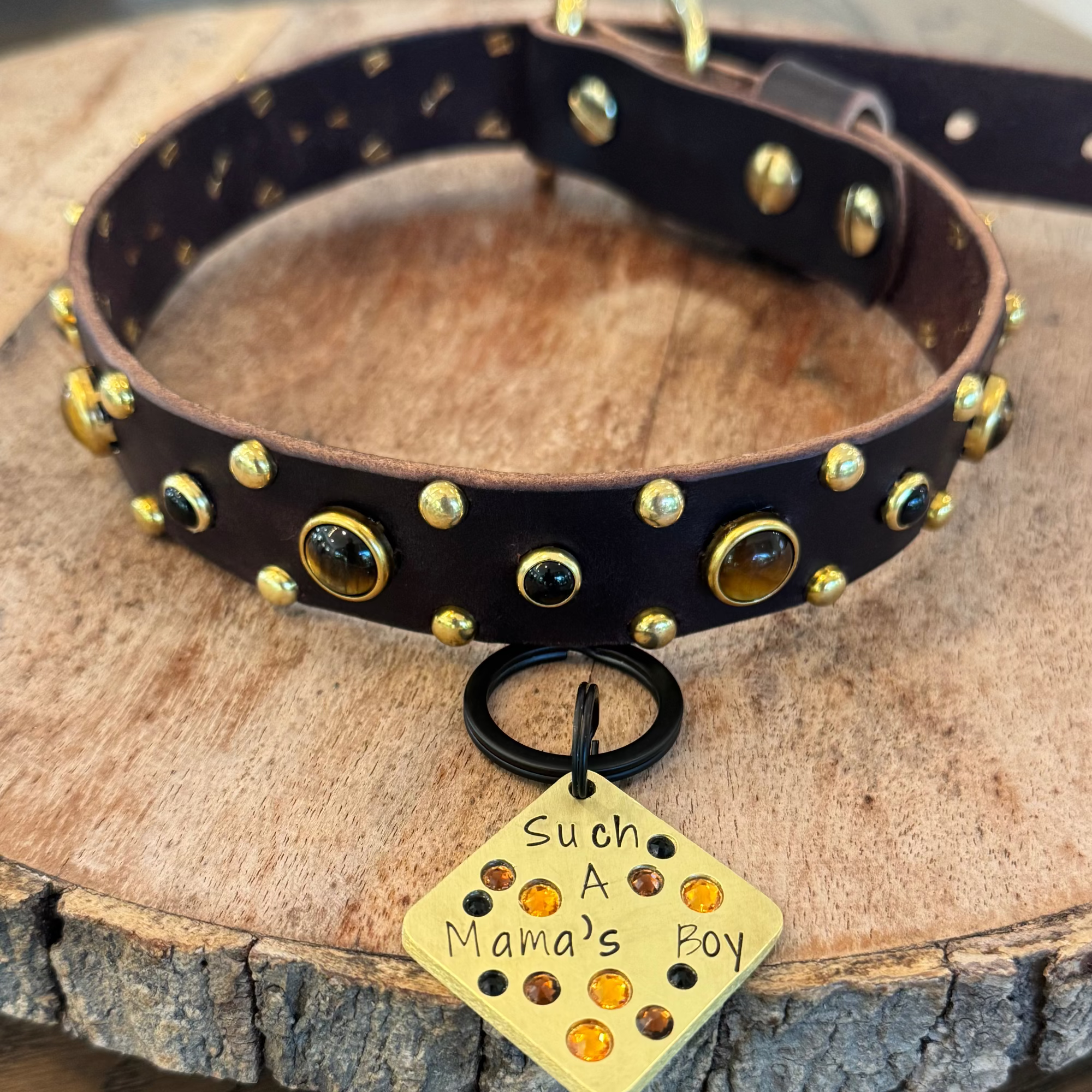 Tiger’s Eye & Onyx Leather Dog Collar – Handmade Natural Stone Dog Collar with Brass, Antique Brass, Nickel, or Matte Black Hardware