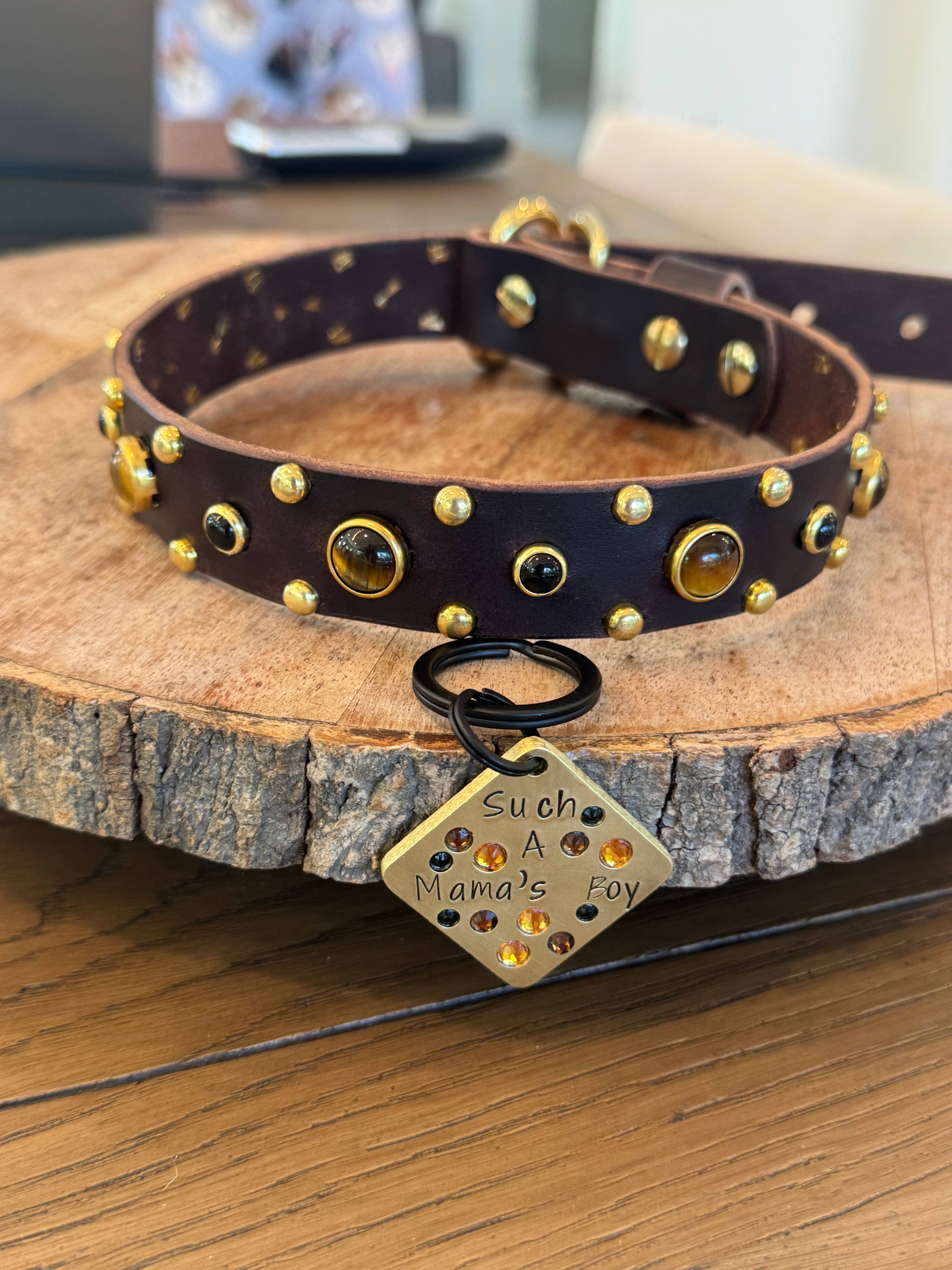 Tiger’s Eye & Onyx Leather Dog Collar – Handmade Natural Stone Dog Collar with Brass, Antique Brass, Nickel, or Matte Black Hardware