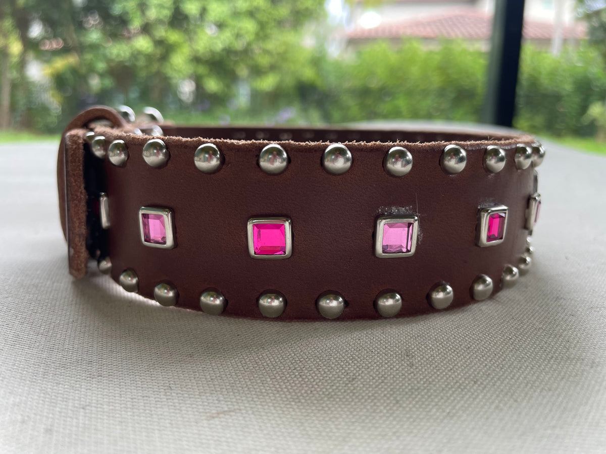 Baryte Square Jewel Leather Dog Collar – 1.5" Large Dog Collar with Nickel Nameplate