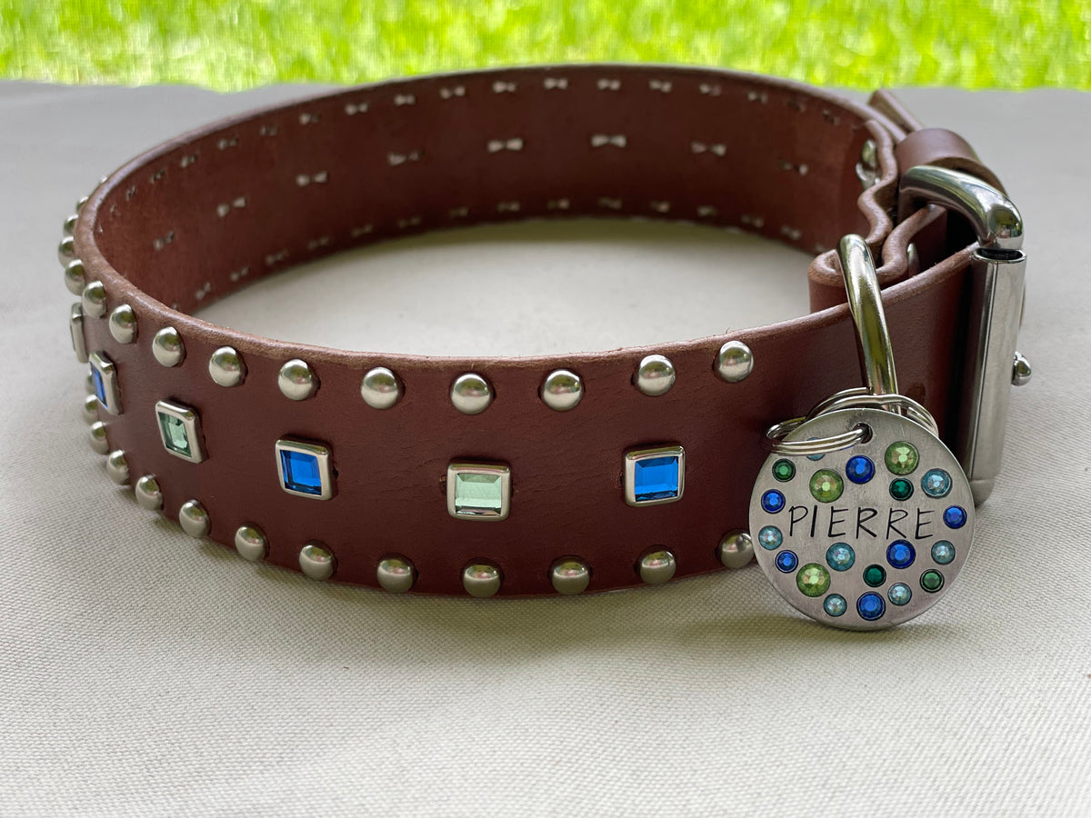 Baryte Square Jewel Leather Dog Collar – 1.5" Large Dog Collar with Nickel Nameplate