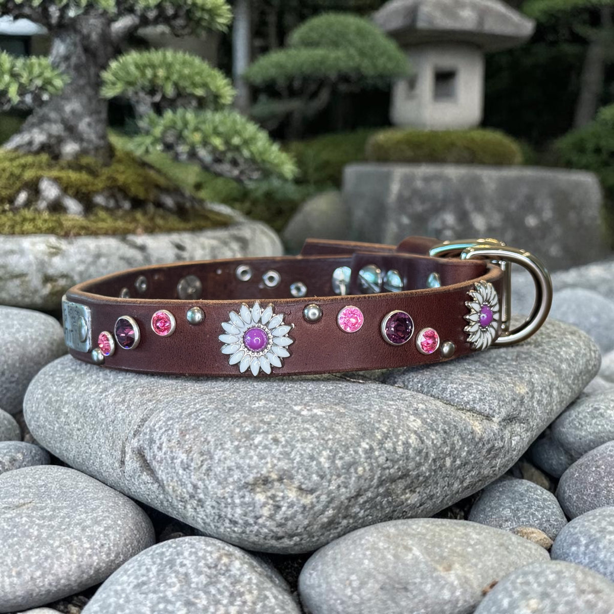 Daisy Crystal Leather Dog Collar – 5/8” Wide, Curved Crystal Design