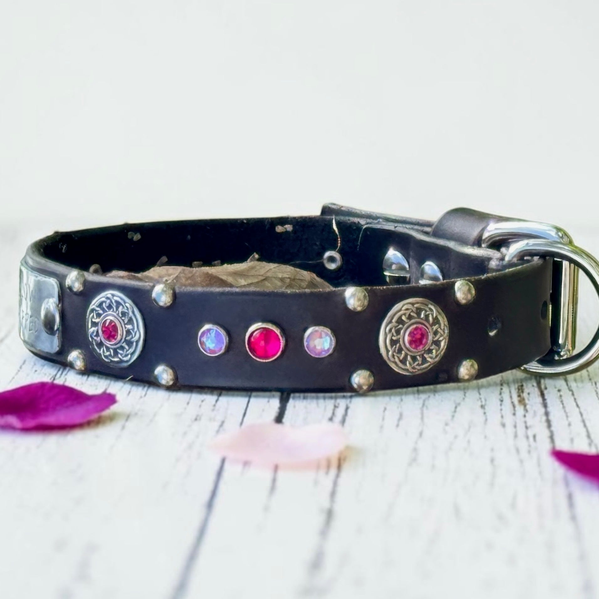 Grapevine Leather Dog Collar – 1" Celtic Concho Dog Collar with Crystals & Cabochons – Optional Nameplat