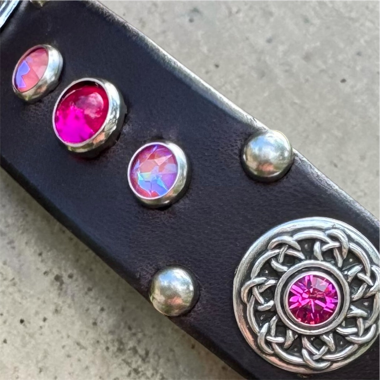 Grapevine Leather Dog Collar – 1" Celtic Concho Dog Collar with Crystals & Cabochons – Optional Nameplat
