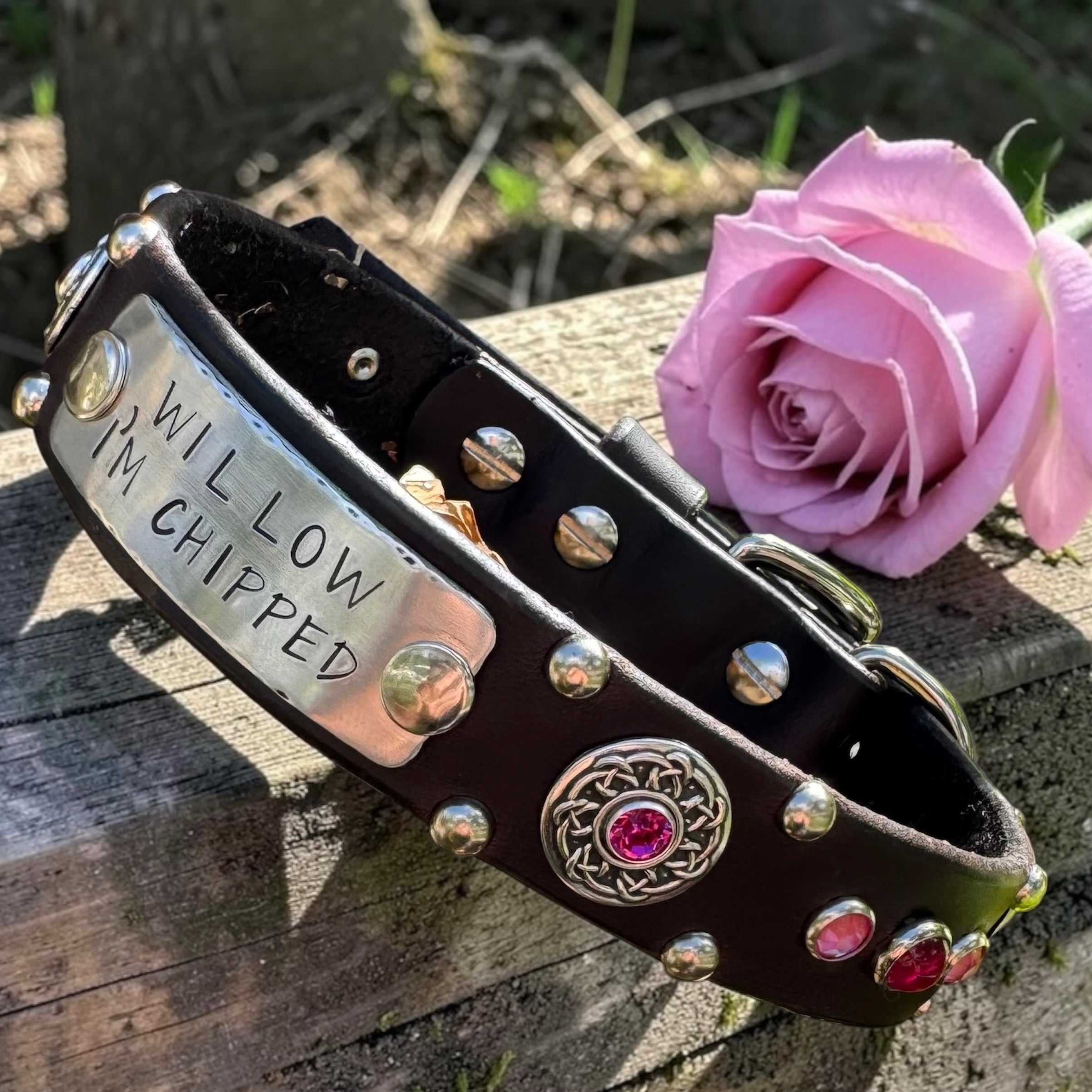 Grapevine Leather Dog Collar – 1" Celtic Concho Dog Collar with Crystals & Cabochons – Optional Nameplat