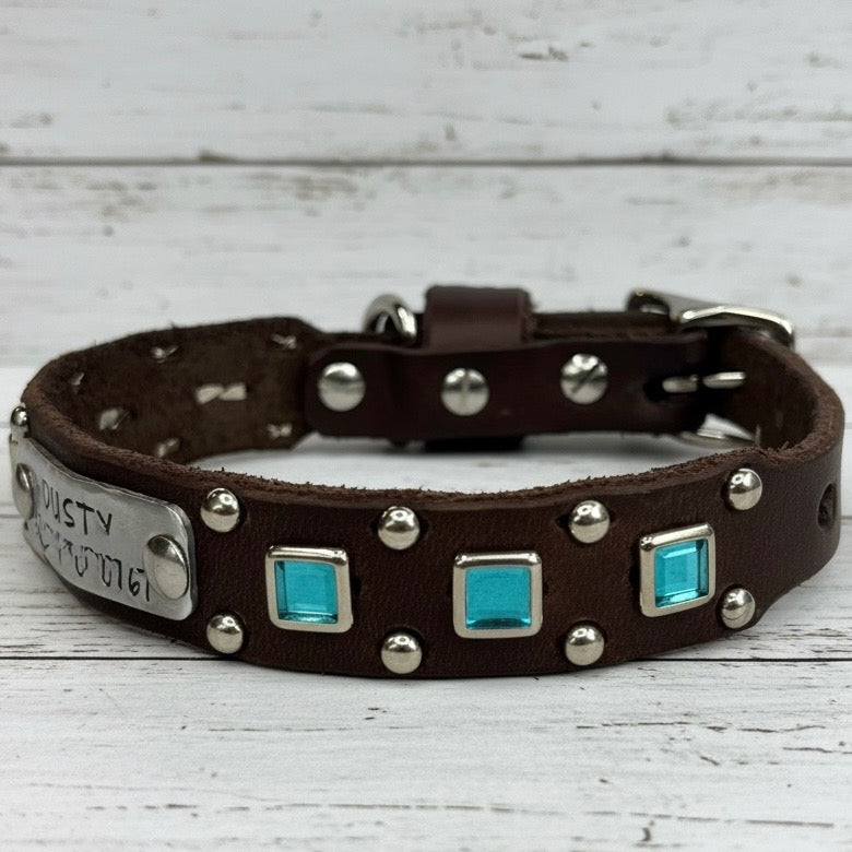 Baryte Square Jewel Leather Dog Collar – 3/4" Small Dog Collar with Nickel Nameplate