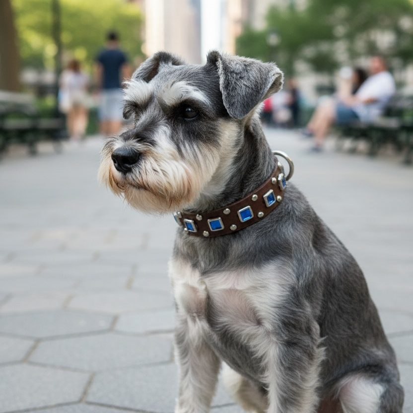 Dog wearing a collar with blue stones in an urban park setting