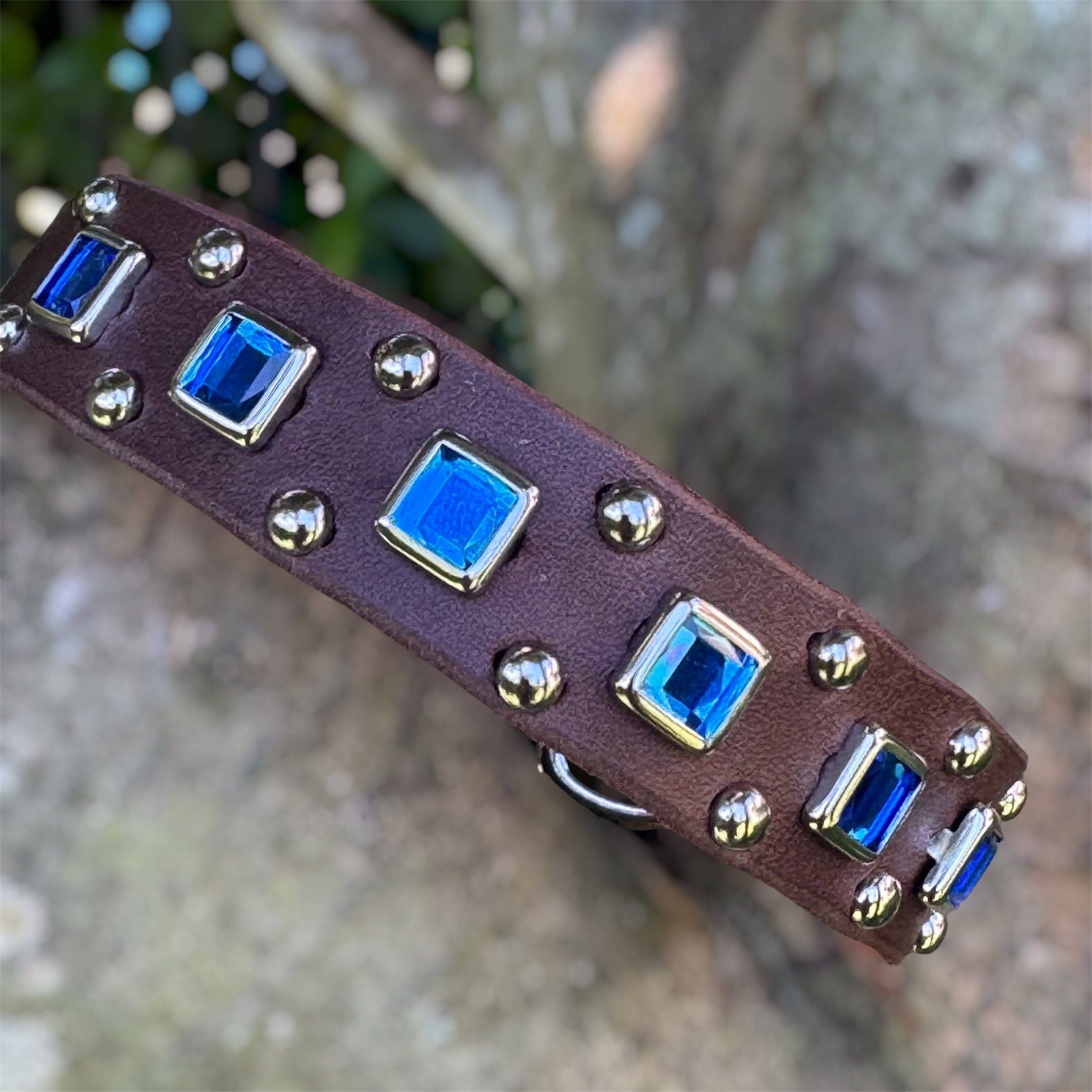Baryte Square Jewel Leather Dog Collar – 3/4" Small Dog Collar with Nickel Nameplate