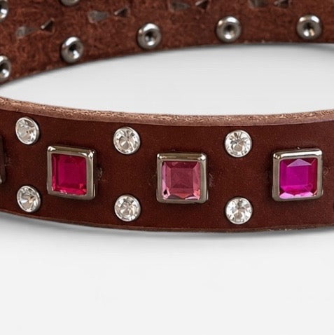 Baryte Square Jewel and crystal studs Leather Dog Collar – 3/4" Small Dog Collar with Nickel Nameplate