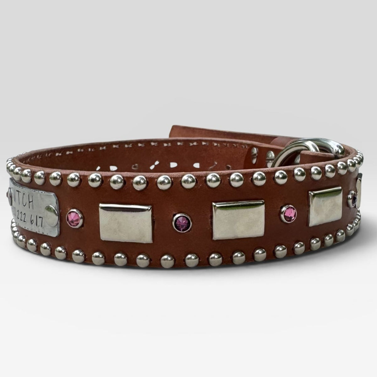 Attis Leather Dog Collar – 1.5" Crystal & Nickel Spots Statement Dog Collar with Personalized Nickel Nameplate