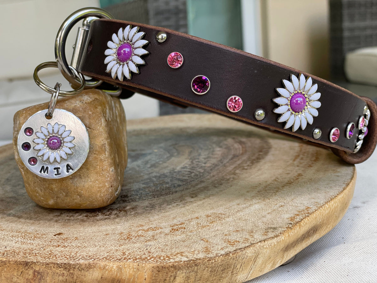 Decorative dog collar with flowers and a tag on a wooden surface