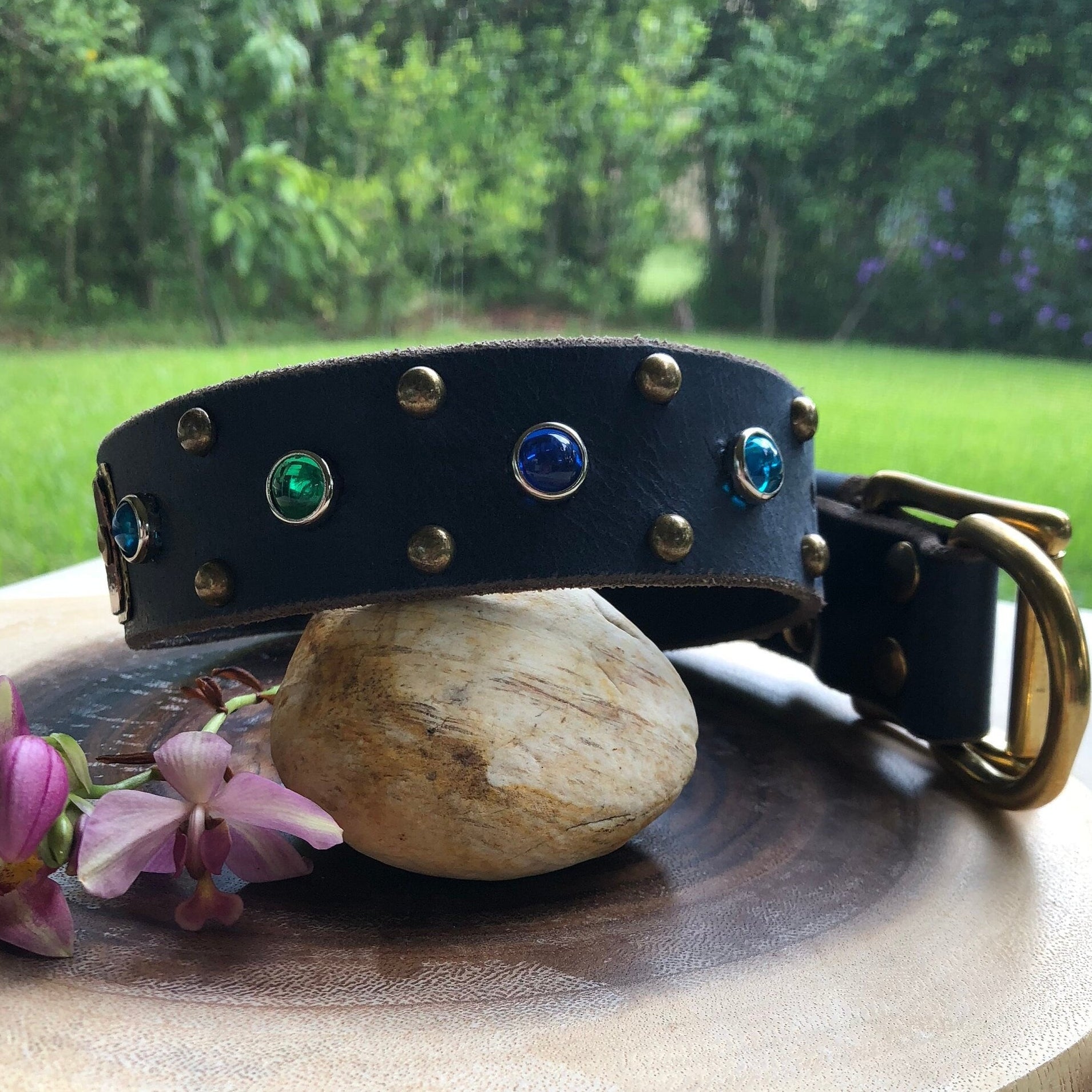 The Aurora Collar | 1.5" Jeweled Leather Dog Collar | Cabochon Collar | Large Dog Collar, Dog Lover Gift