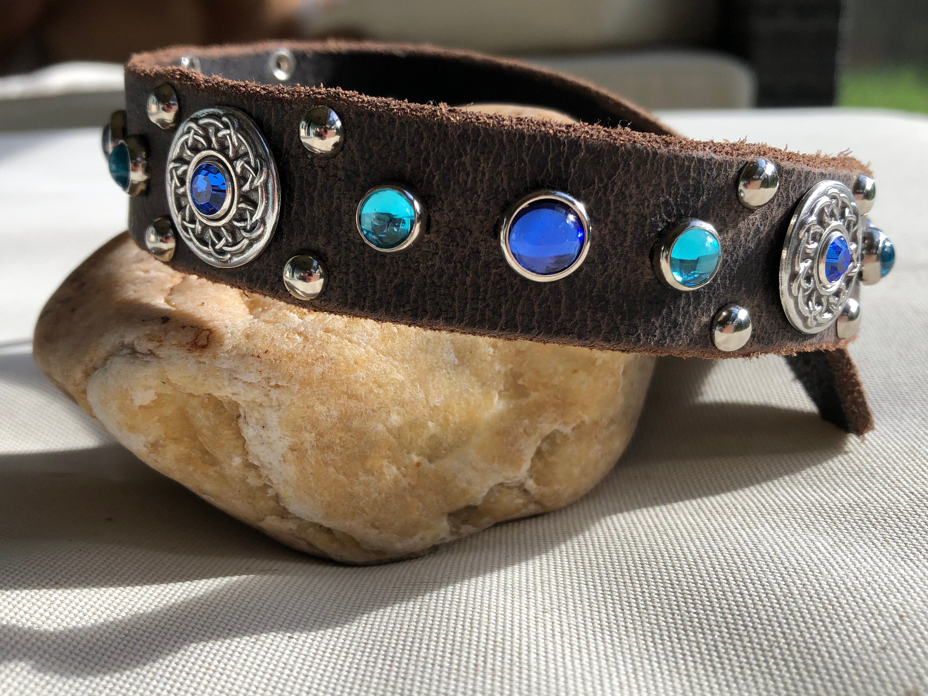 Grapevine Leather Dog Collar – 1" Celtic Concho Dog Collar with Crystals & Cabochons – Optional Nameplat