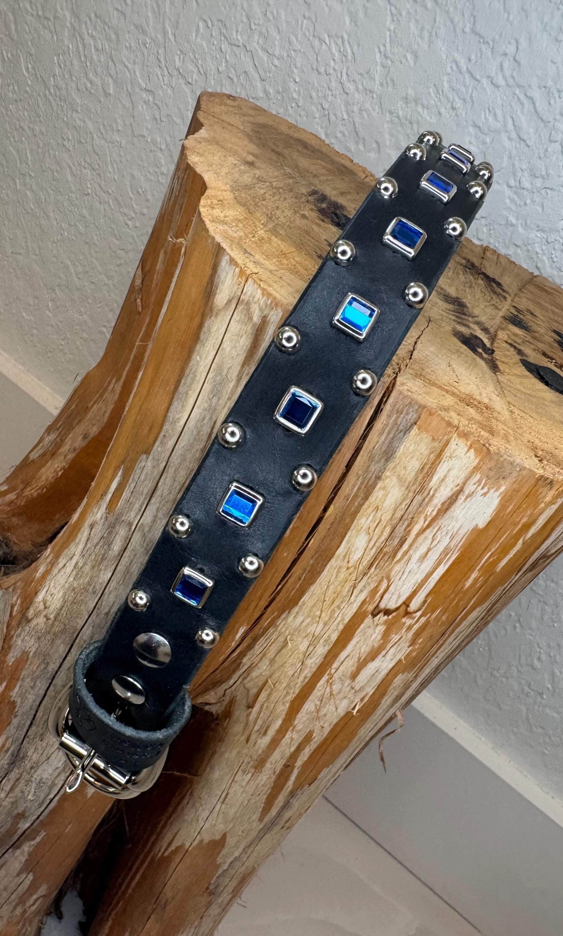 Baryte Square Jewel Leather Dog Collar – 1" Medium Dog Collar with Nickel Nameplate