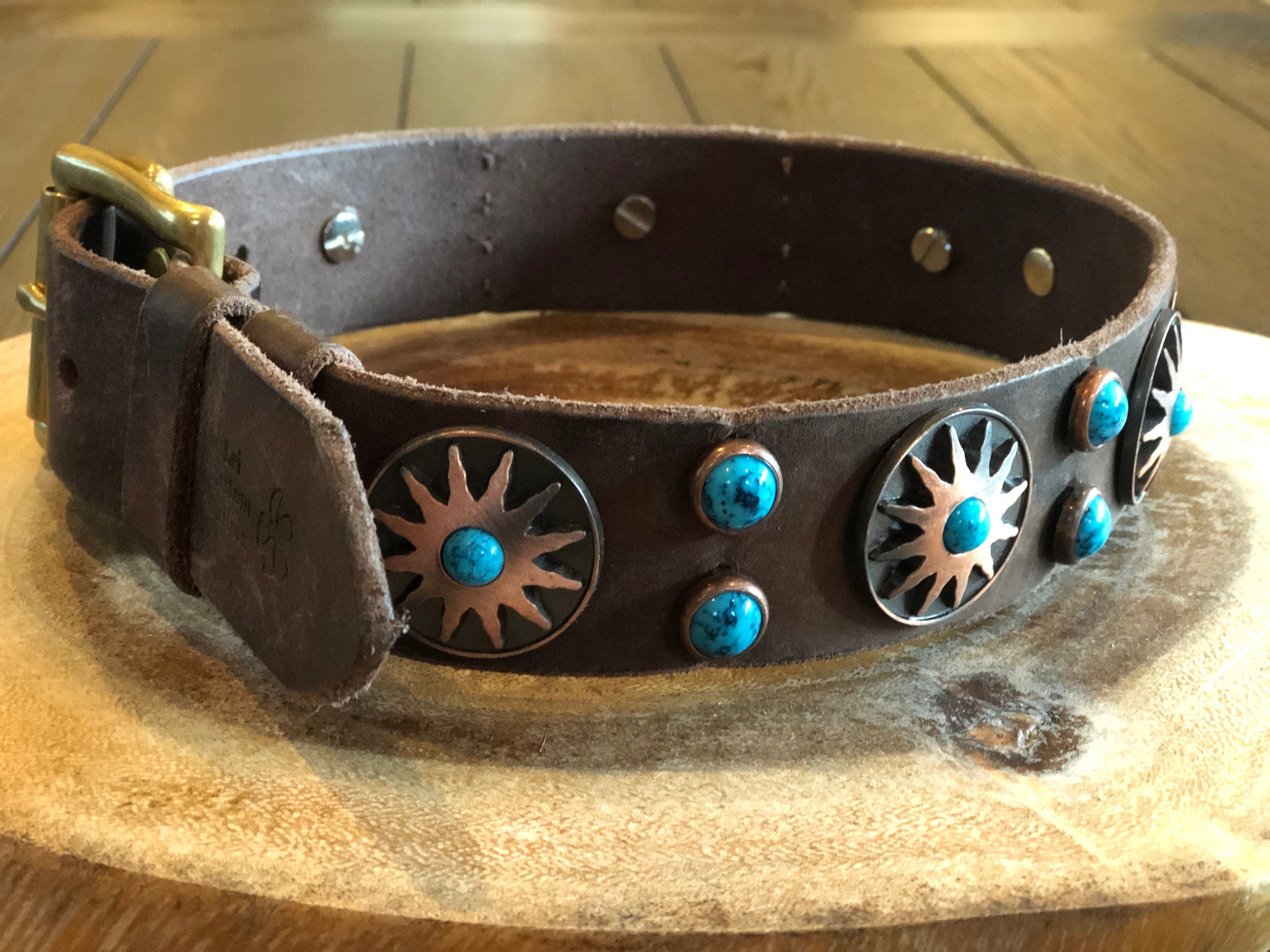 Western Native Sun Leather Dog Collar – 1.5" Turquoise & Copper Sun Concho Large Dog Collar