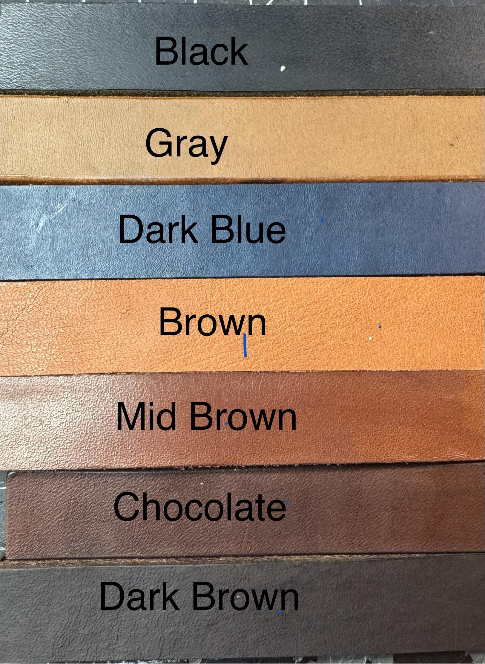Leather color swatch chart showing black, gray, dark blue, brown, mid brown, chocolate, and dark brown leather options for custom dog collars and leashes.