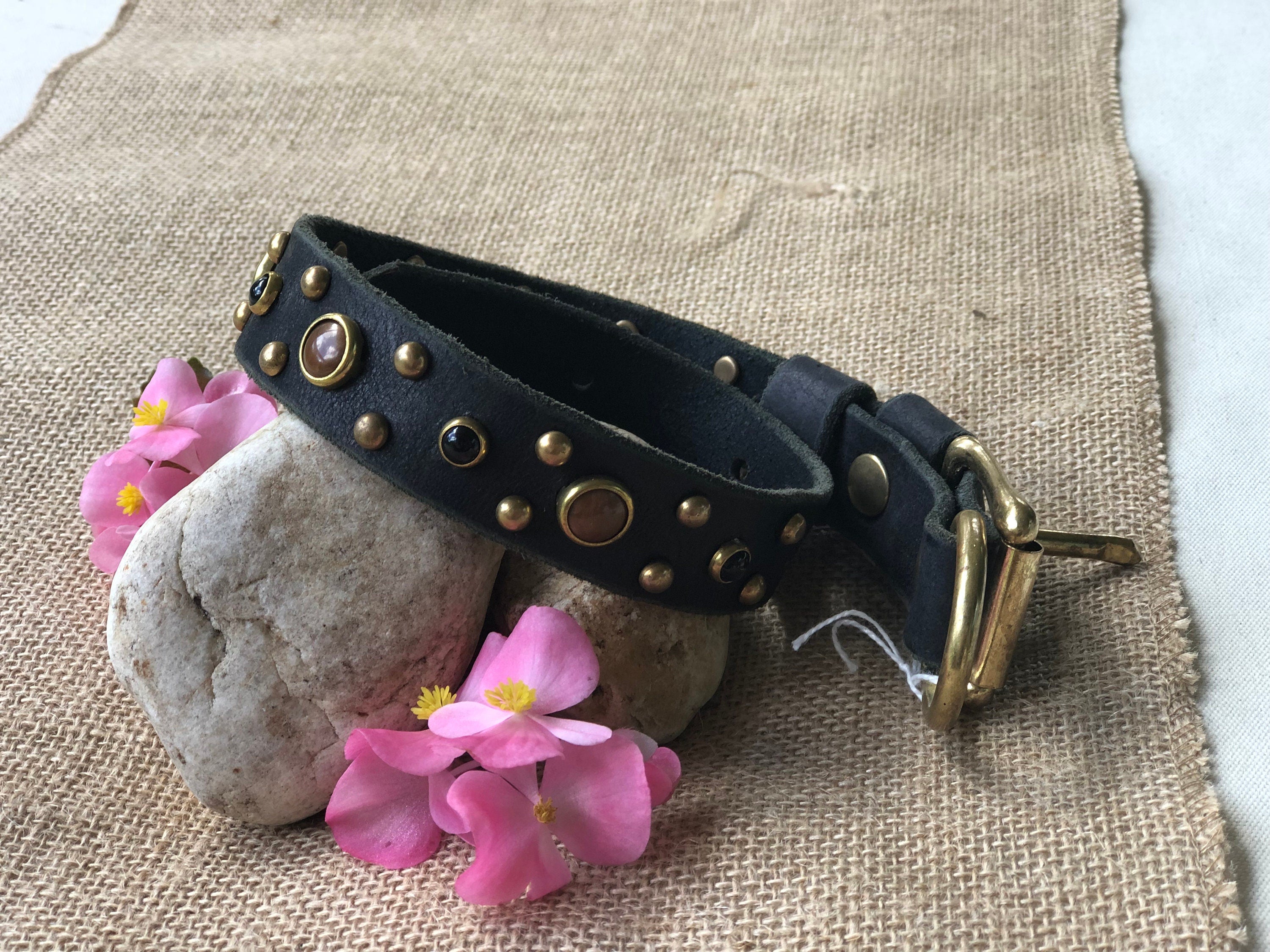 Tiger’s Eye & Onyx Leather Dog Collar – Handmade Natural Stone Dog Collar with Brass, Antique Brass, Nickel, or Matte Black Hardware