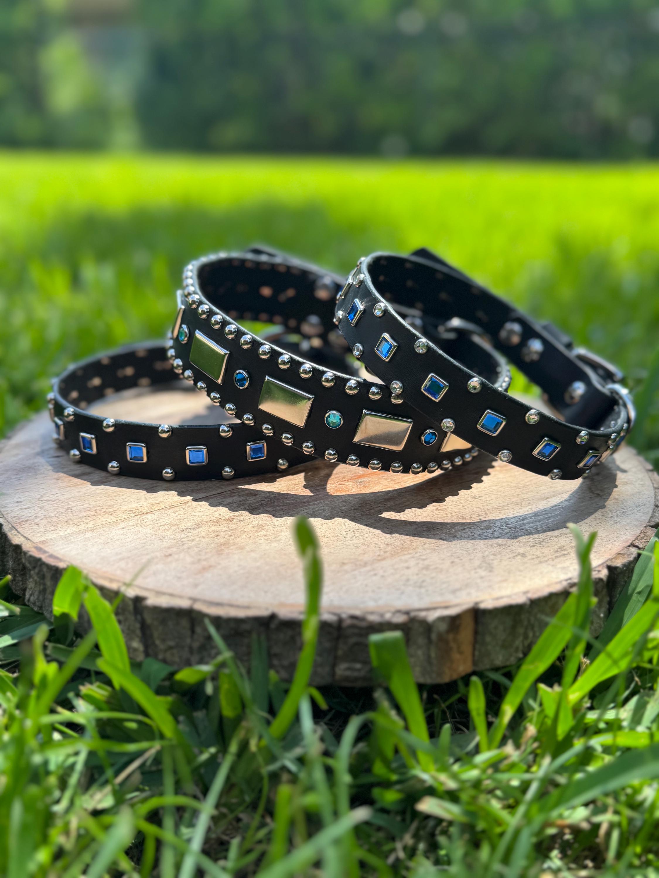 Baryte Square Jewel Leather Dog Collar – 1" Medium Dog Collar with Nickel Nameplate