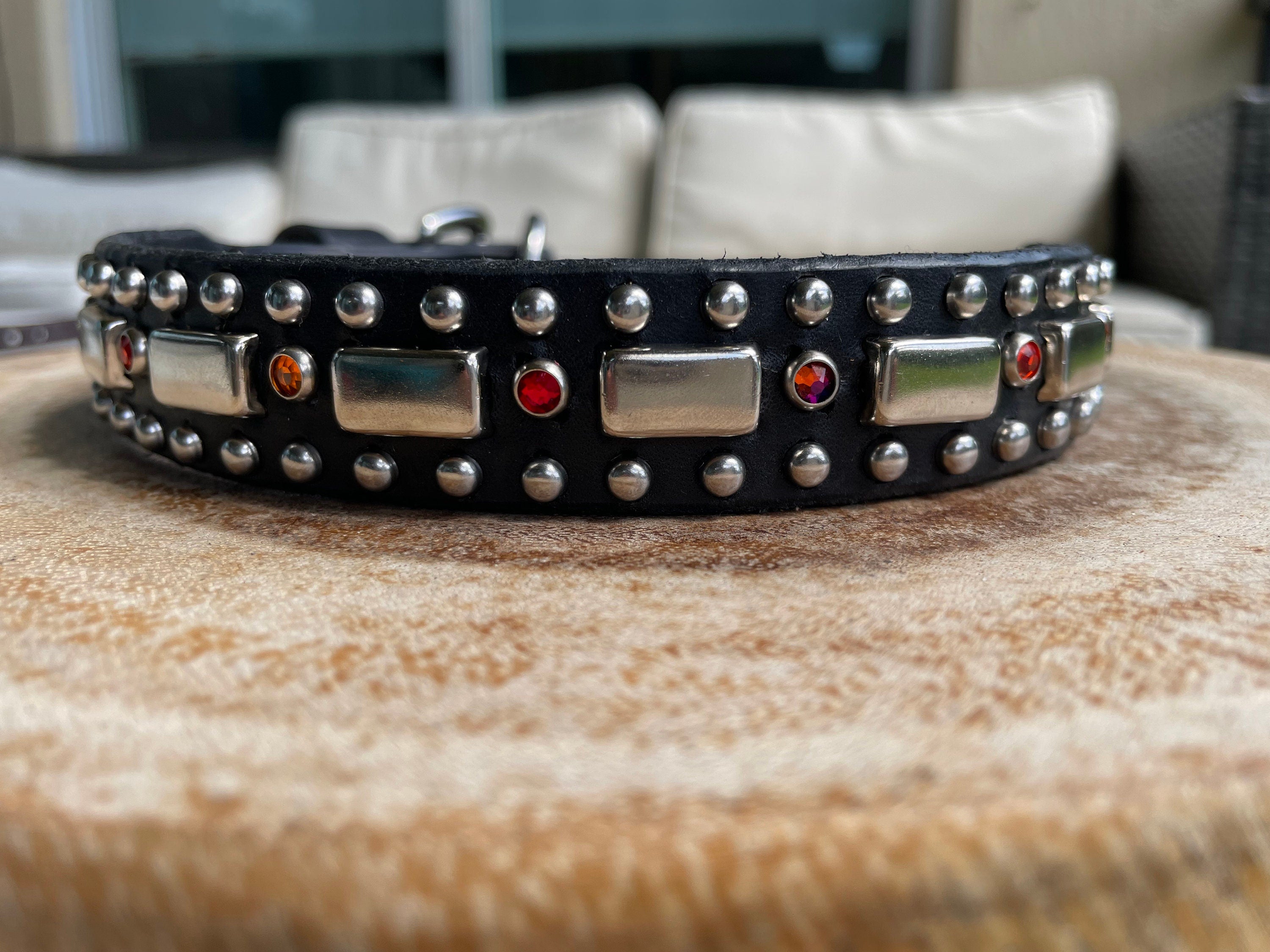 Attis Leather Dog Collar – 1" Crystal & Nickel Spots Statement Dog Collar – Optional Nameplate