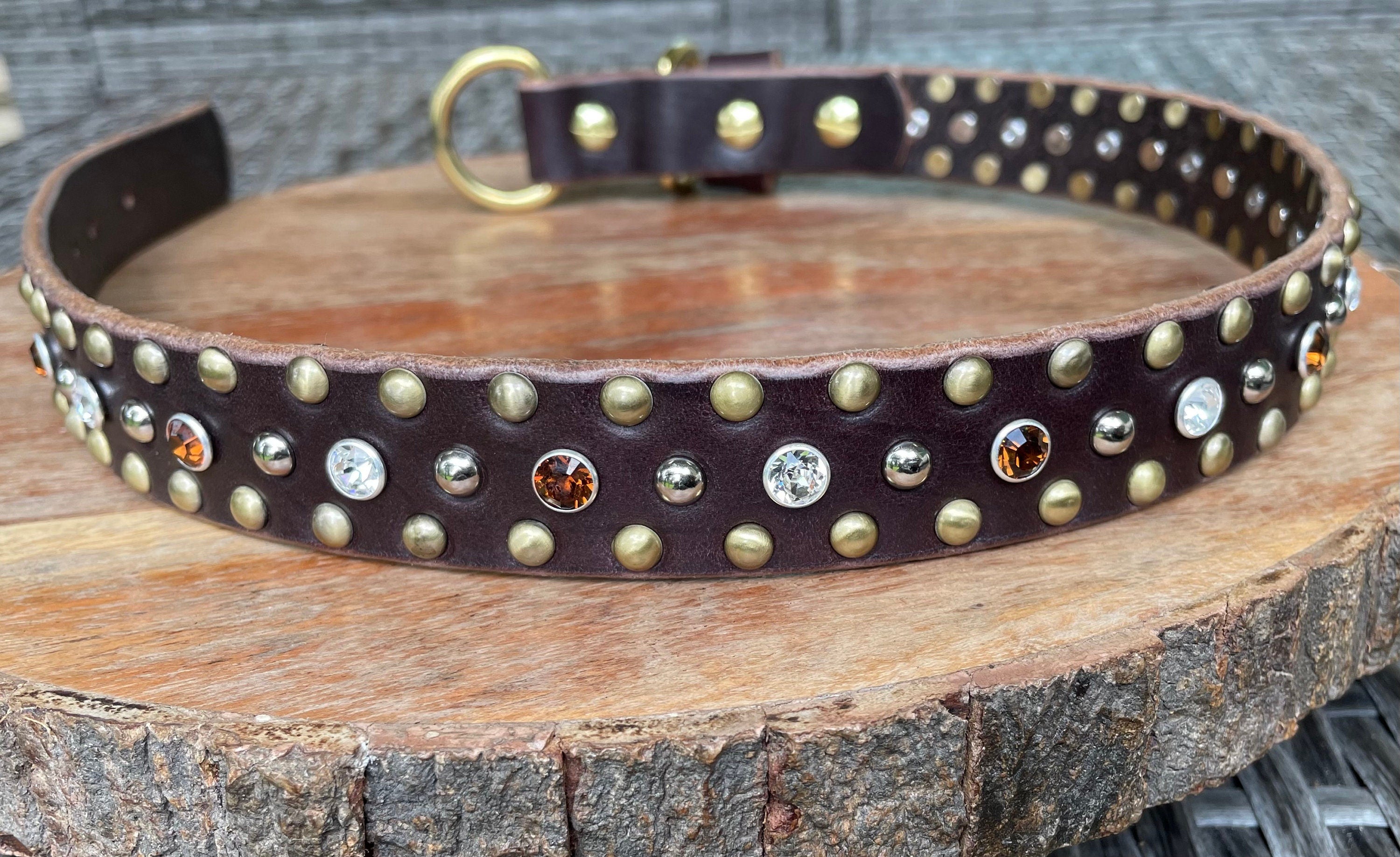 The Imperial – Studded Crystal Leather Dog Collar 1" | Brass & Nickel Hardware | Handmade Luxury
