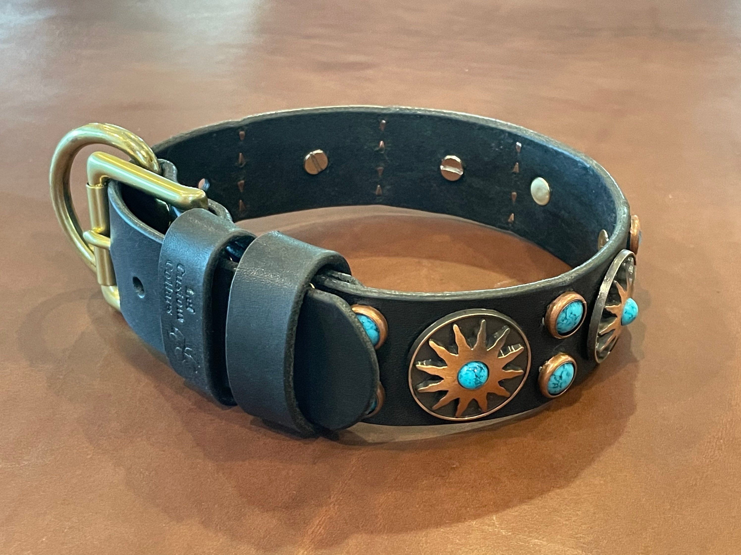 Western Native Sun Leather Dog Collar – 1.5" Turquoise & Copper Sun Concho Large Dog Collar