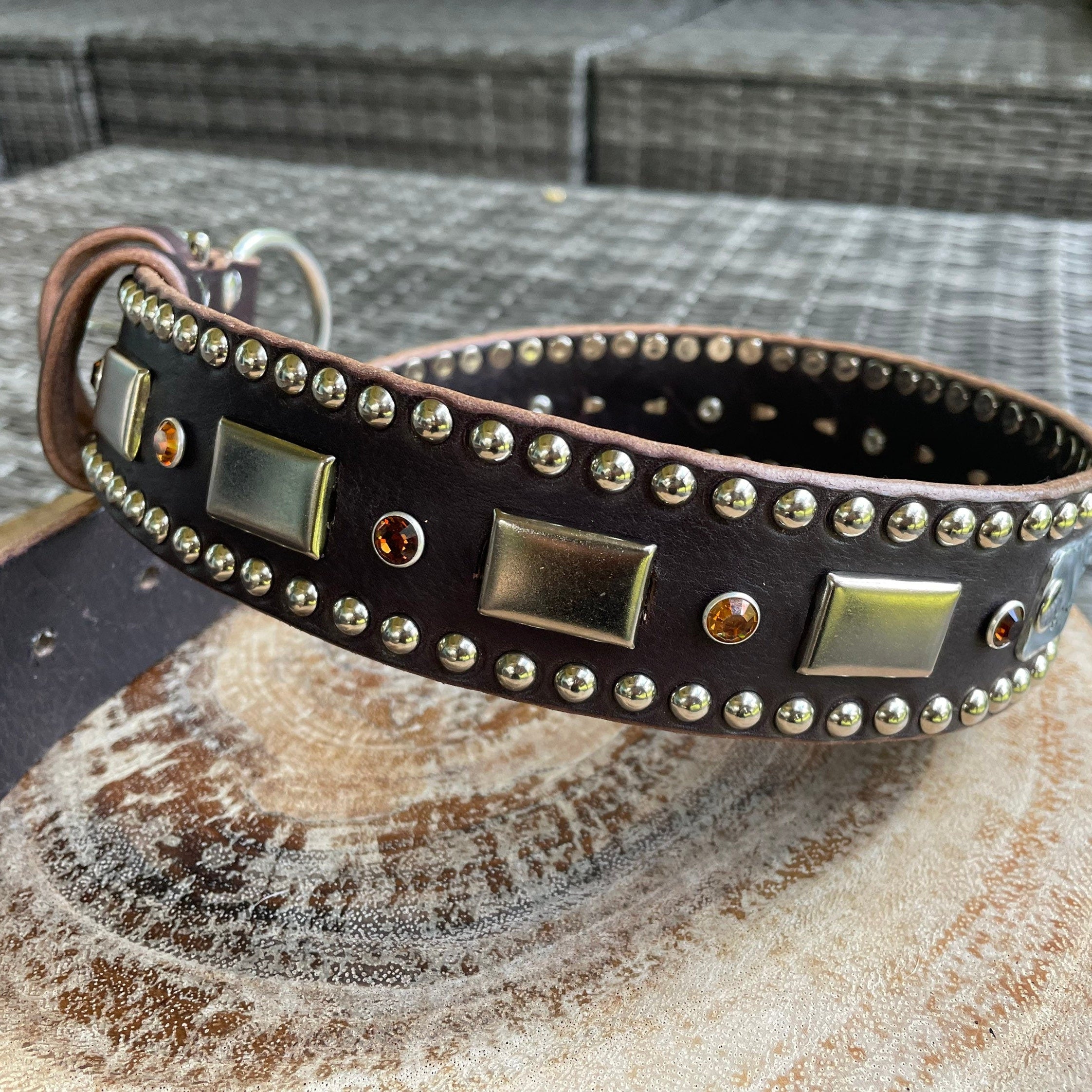 Attis Leather Dog Collar – 1.5" Crystal & Nickel Spots Statement Dog Collar with Personalized Nickel Nameplate