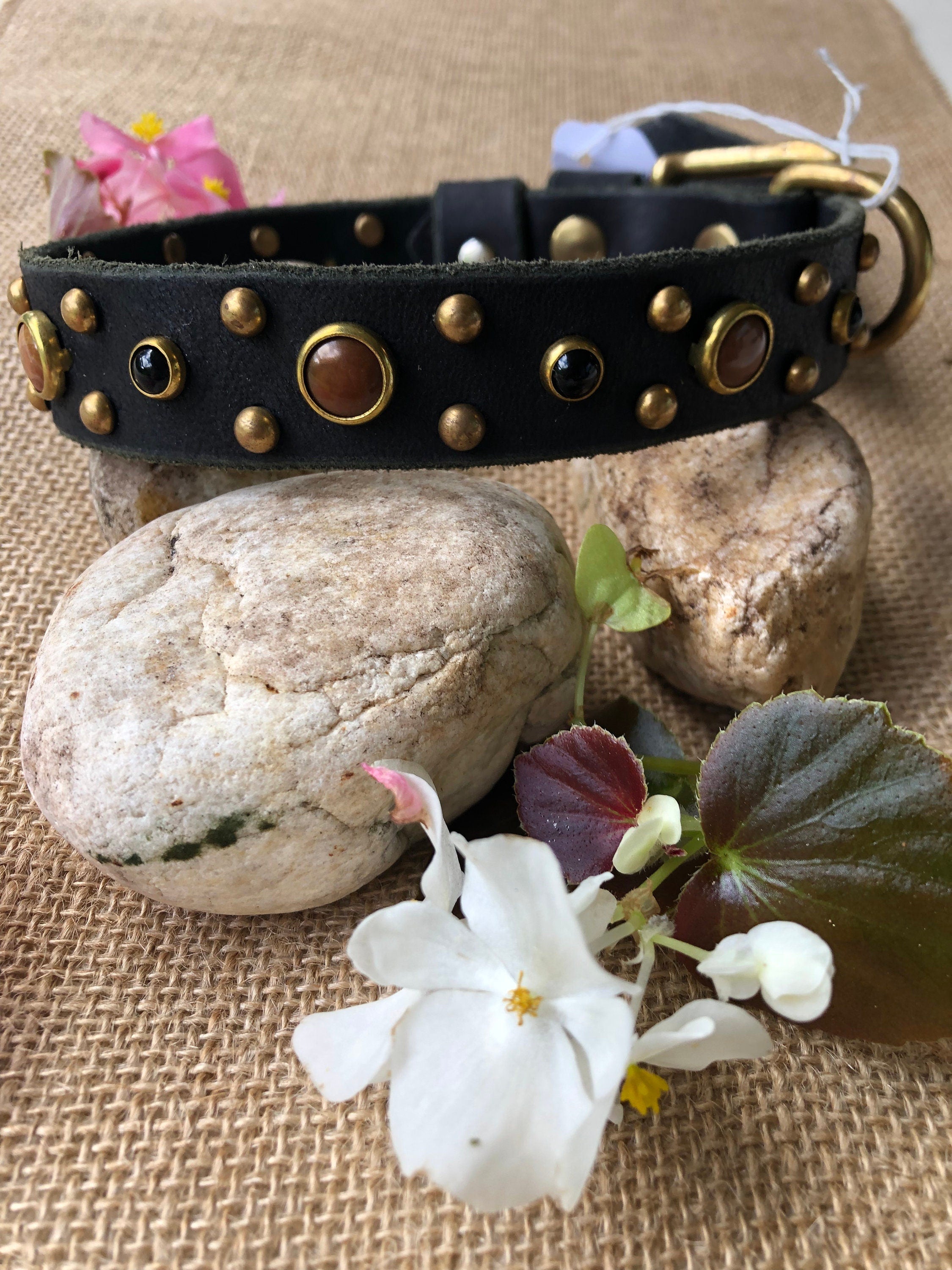 Tiger’s Eye & Onyx Leather Dog Collar – Handmade Natural Stone Dog Collar with Brass, Antique Brass, Nickel, or Matte Black Hardware