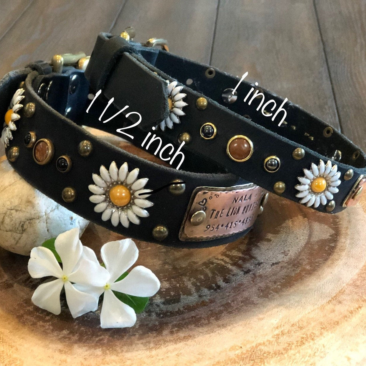 Daisy Leather Dog Collar – 1” Floral Collar with Marble Stones & Optional Nameplate