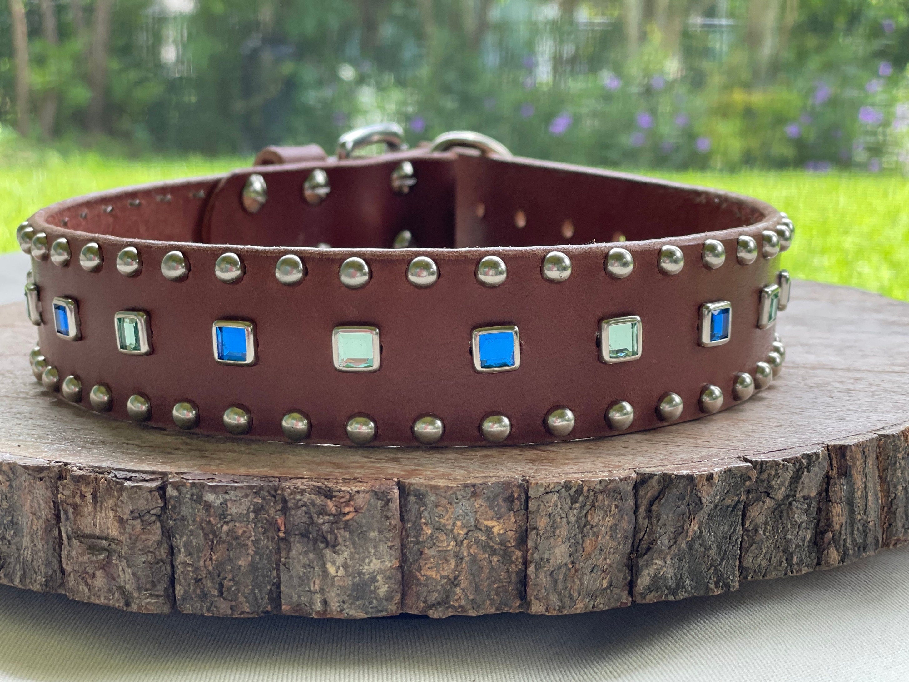 Baryte Square Jewel Leather Dog Collar – 1.5" Large Dog Collar with Nickel Nameplate