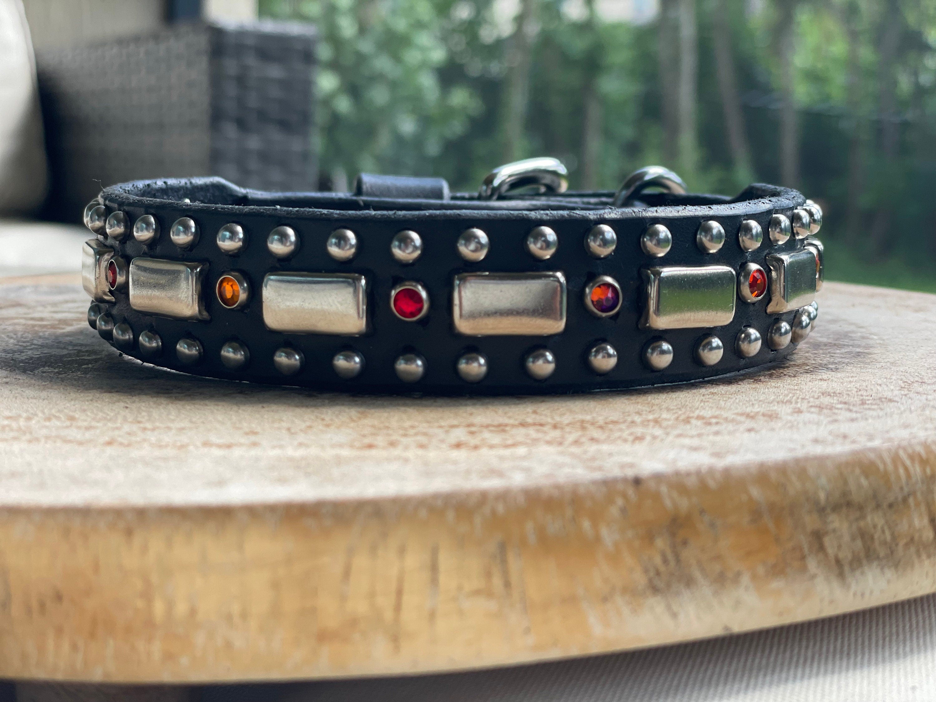Attis Leather Dog Collar – 1" Crystal & Nickel Spots Statement Dog Collar – Optional Nameplate